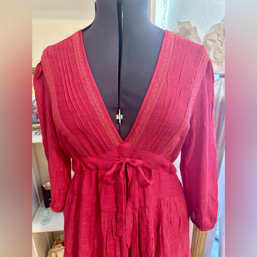BaeVely By Polagram Burgundy 3/4 Sleeves Tiered Mini Sz L Sheer Flirty FAIRYCORE - Picture 3 of 8